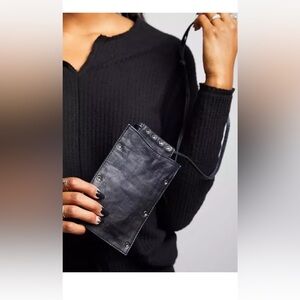 Free People Black Downtown Leather Studded Lanyard Crossbody Card & Phone Bag